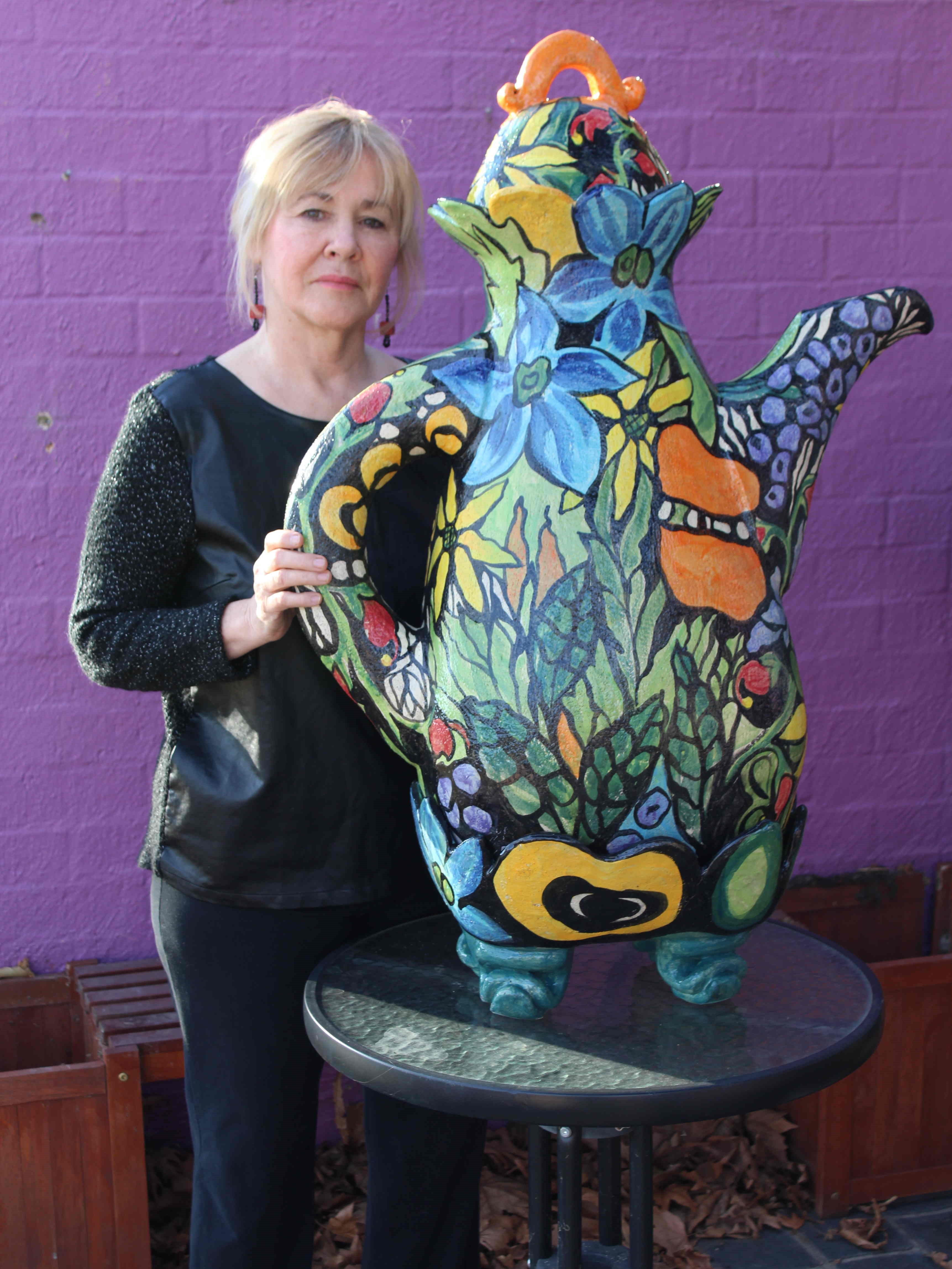 Monika Leone with her creation - a pot for that big cuppa